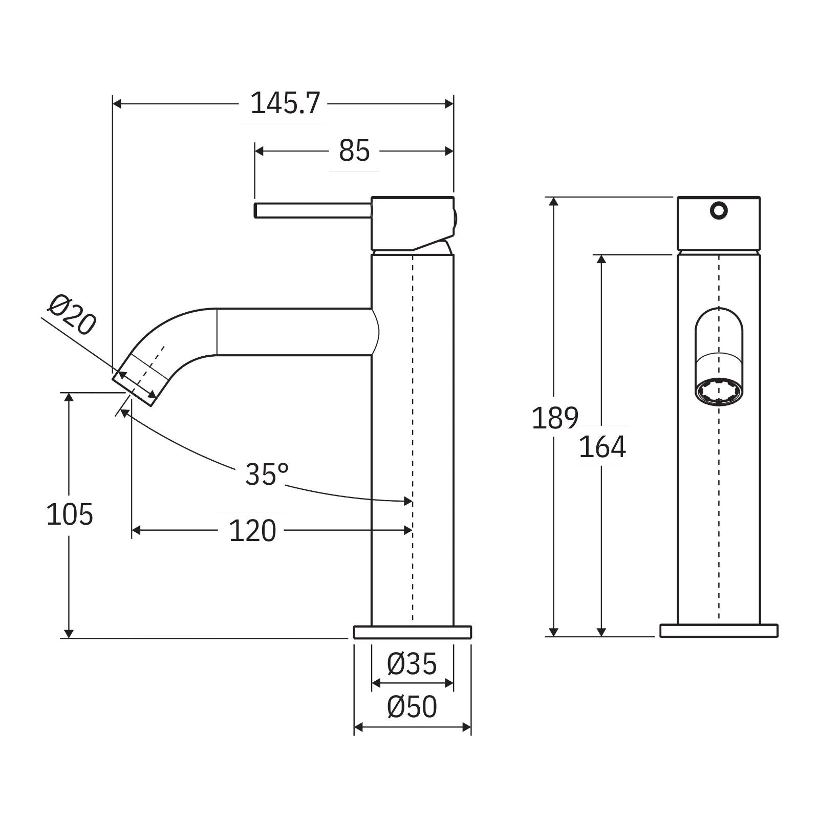 Technical Drawing Fienza Kaya Basin Mixer Brushed Nickel 228103BN-LF - The Blue Space