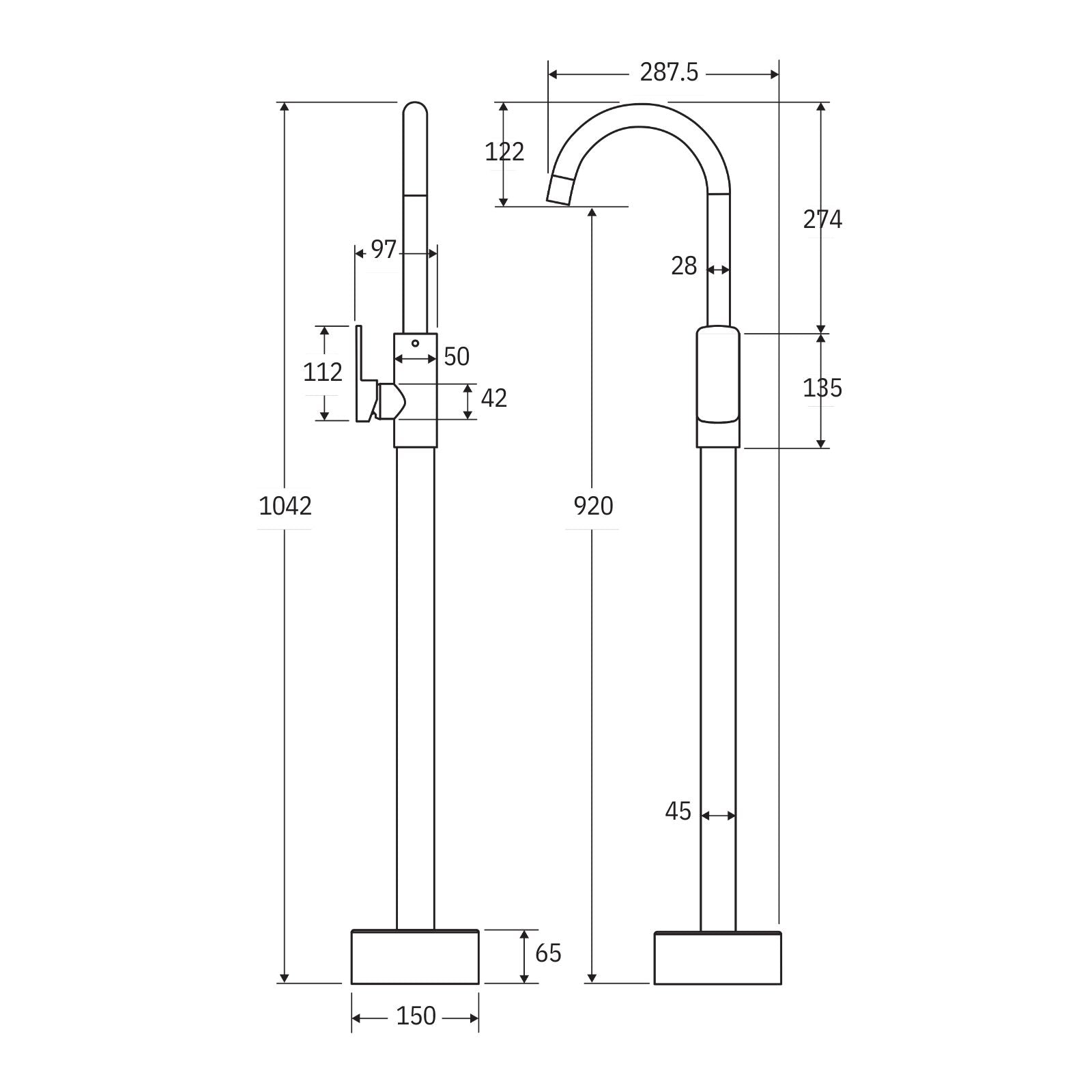 Technical Drawing Fienza Kaya Floor Mounted Basin/Bath Mixer Brushed Nickel 213112BN-LF - The Blue Space