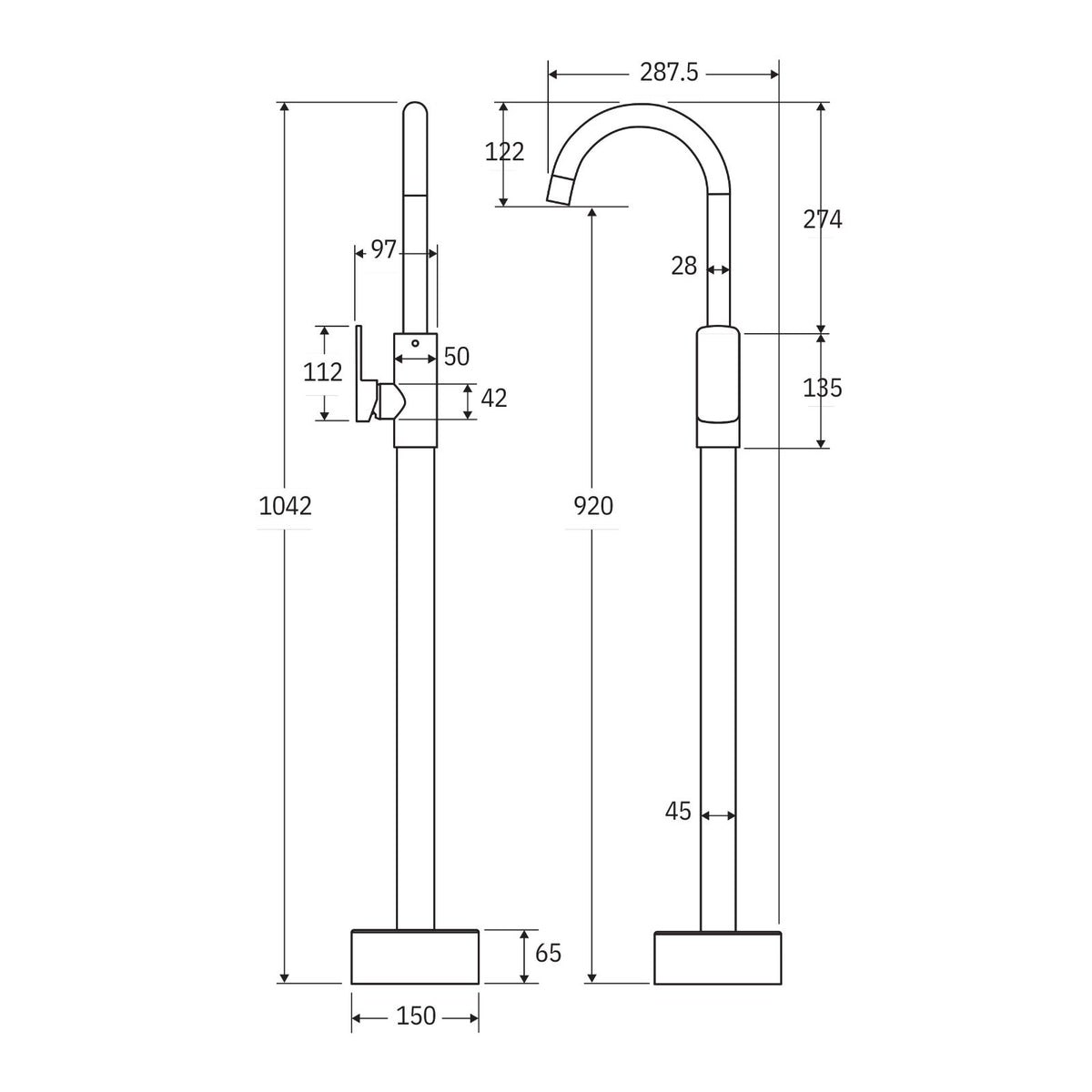 Technical Drawing Fienza Kaya Floor Mounted Basin/Bath Mixer Brushed Nickel 213112BN-LF - The Blue Space