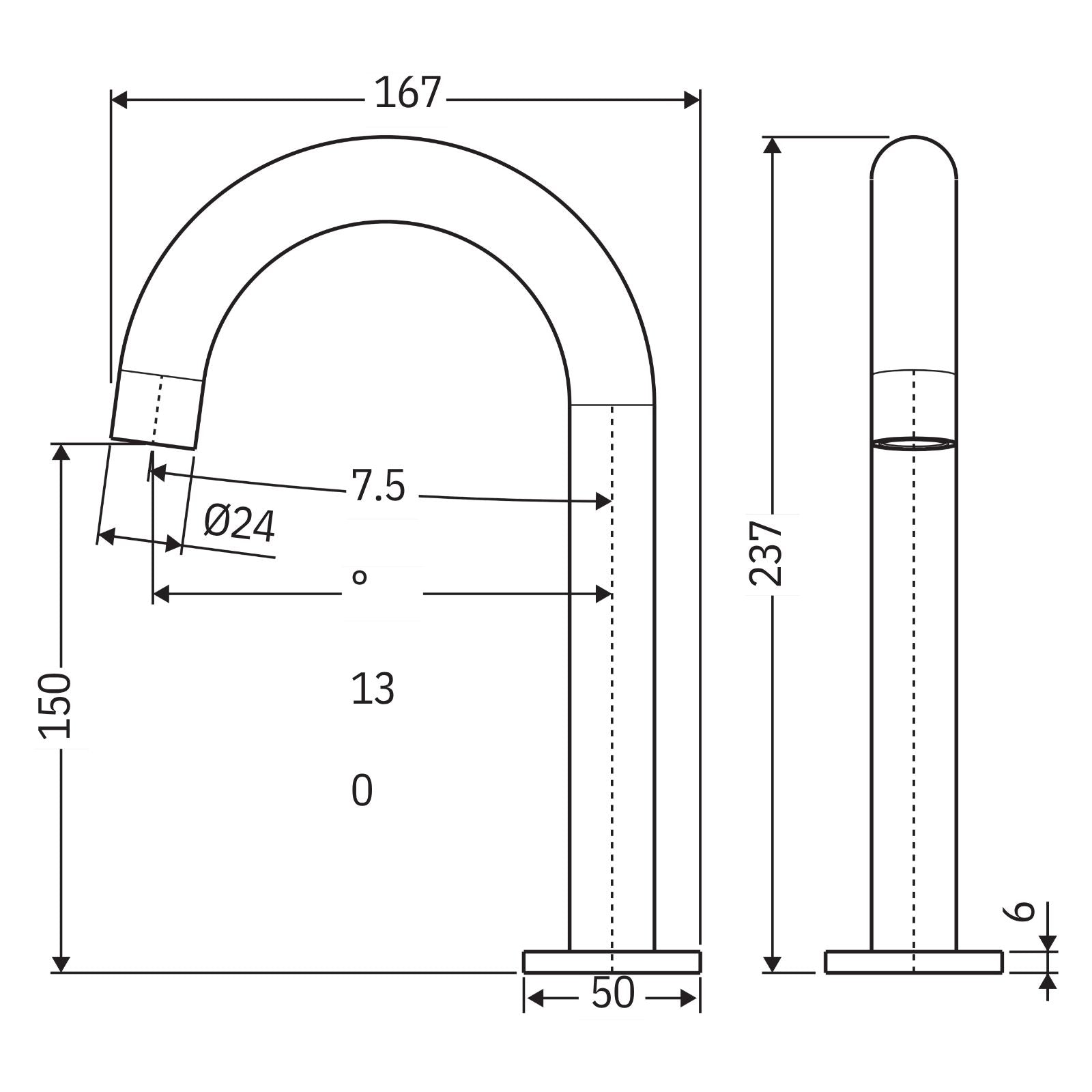 Technical Drawing Fienza Kaya Hob Mounted Basin Outlet Brushed Nickel 228111BN-LF - The Blue Space