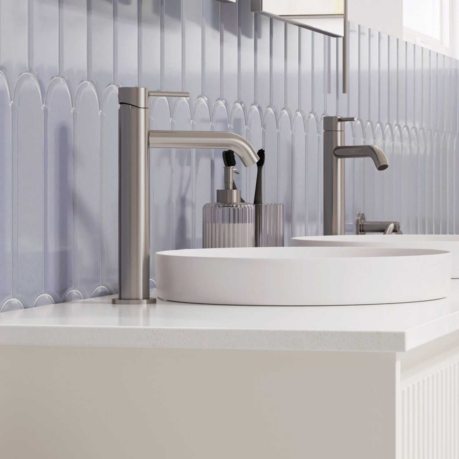 Lifestyle 2 Fienza Kaya Medium Basin Mixer Brushed Nickel 228110BN-LF - The Blue Space