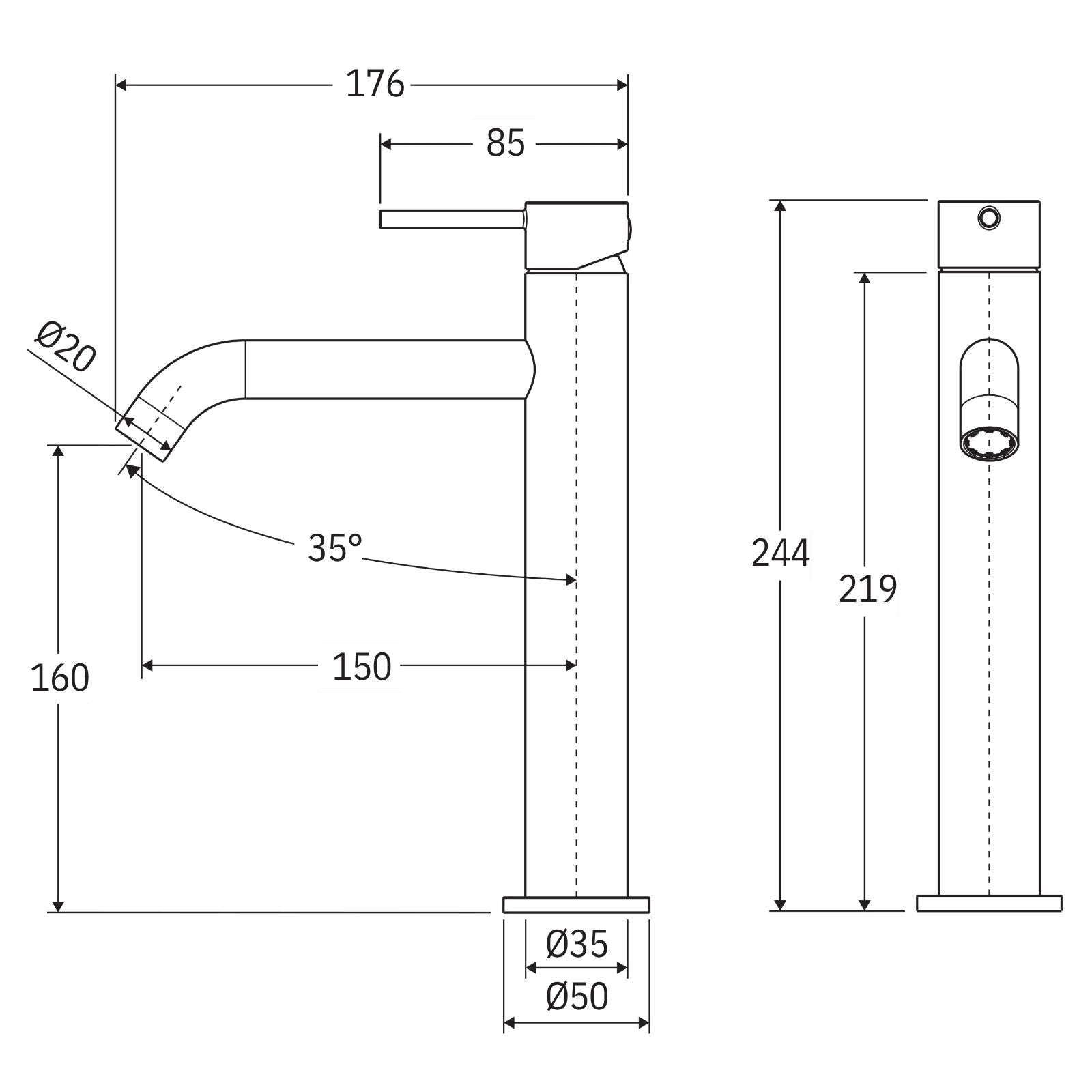 Technical Drawing Fienza Kaya Medium Basin Mixer Urban Brass 228110UB-LF - The Blue Space
