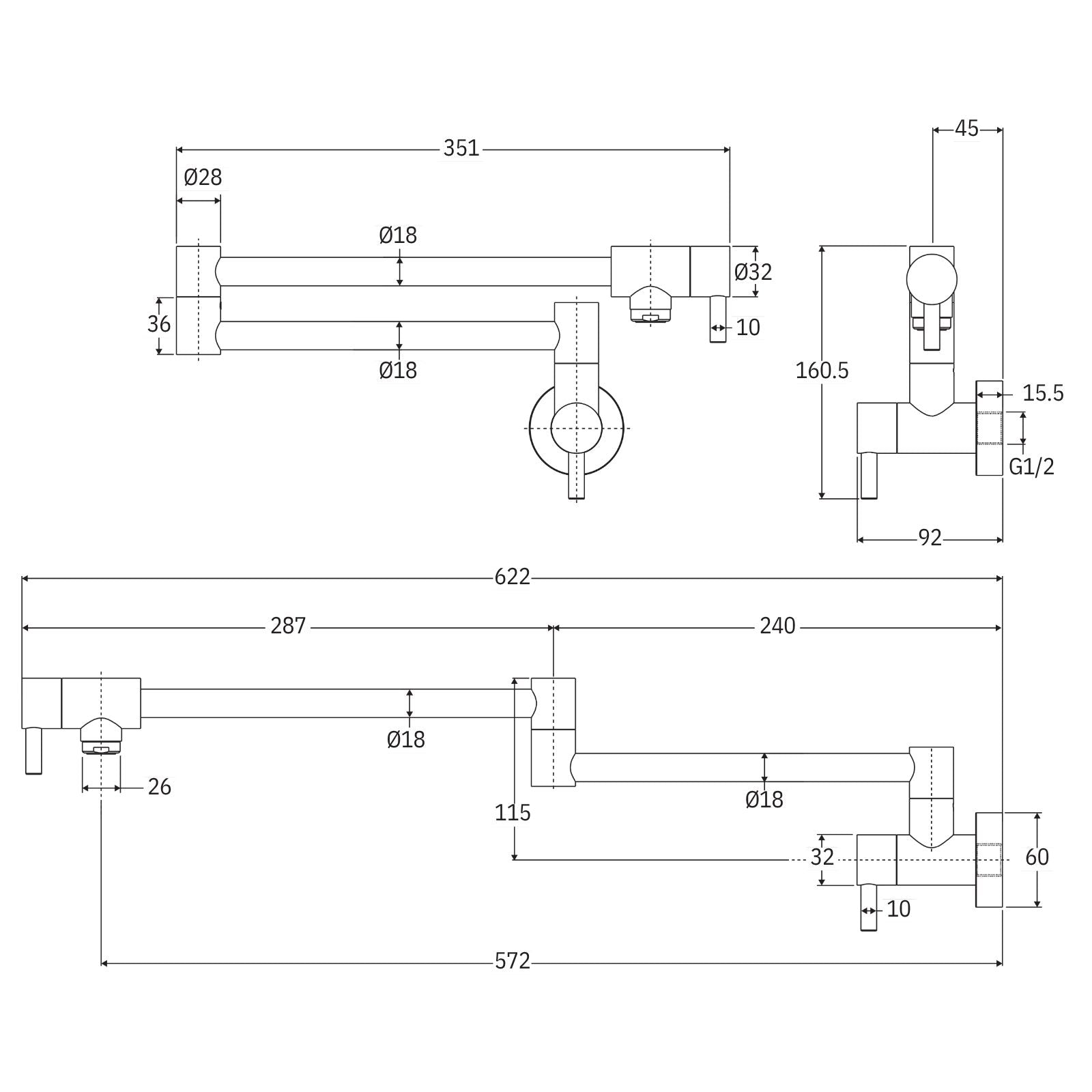 Technical Drawing Fienza Kaya Pot Filler Wall Mixer Urban Brass 228120UB-LF - The Blue Space