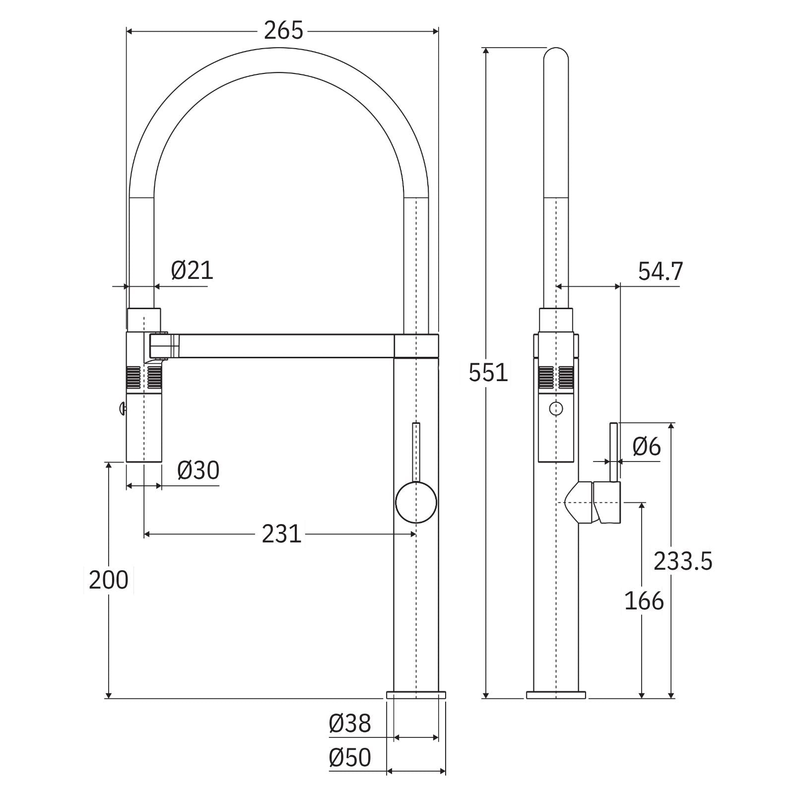 Technical Drawing Fienza Kaya Pull Down Sink Mixer Brushed Copper 228109CO-LF - The Blue Space