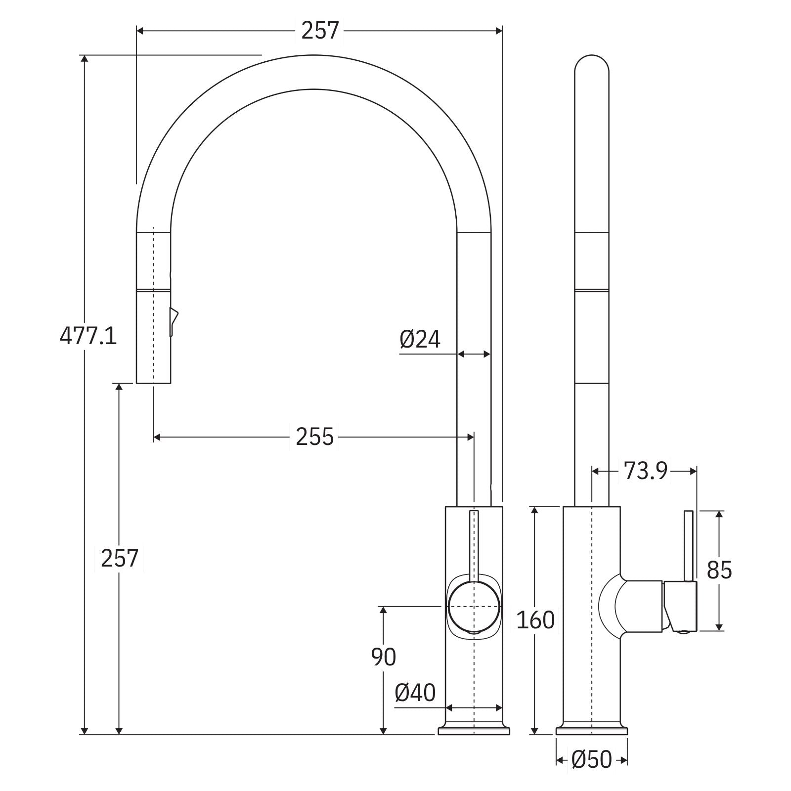 Technical Drawing Fienza Kaya Pull Out Sink Mixer Brushed Copper 228108CO-LF - The Blue Space