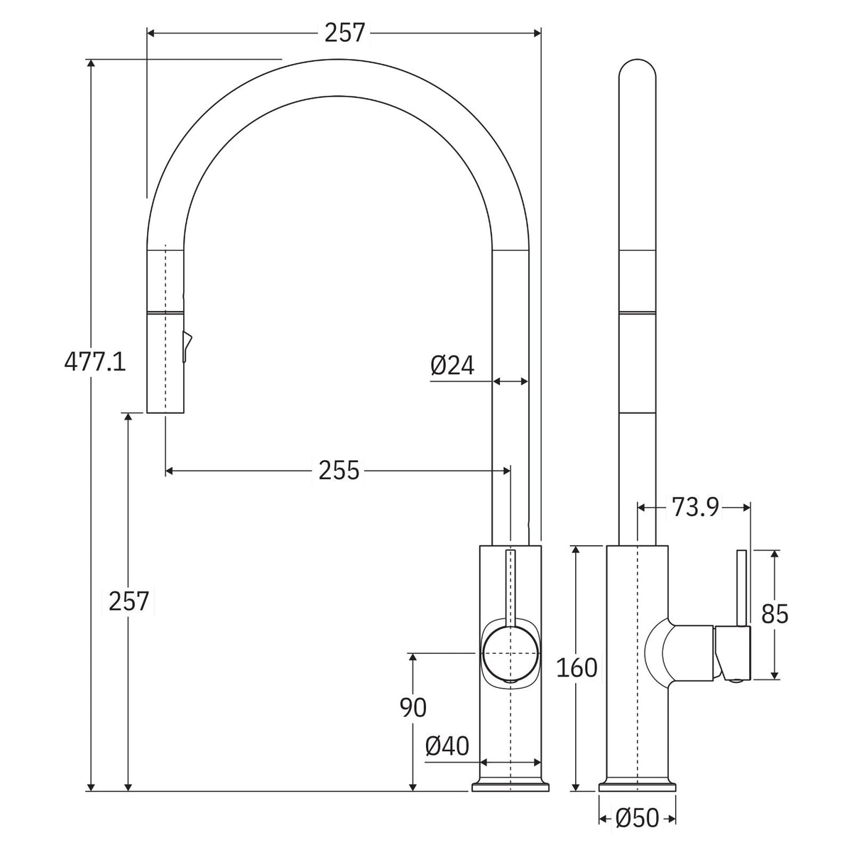 Technical Drawing Fienza Kaya Pull Out Sink Mixer Chrome 228108-LF - The Blue Space