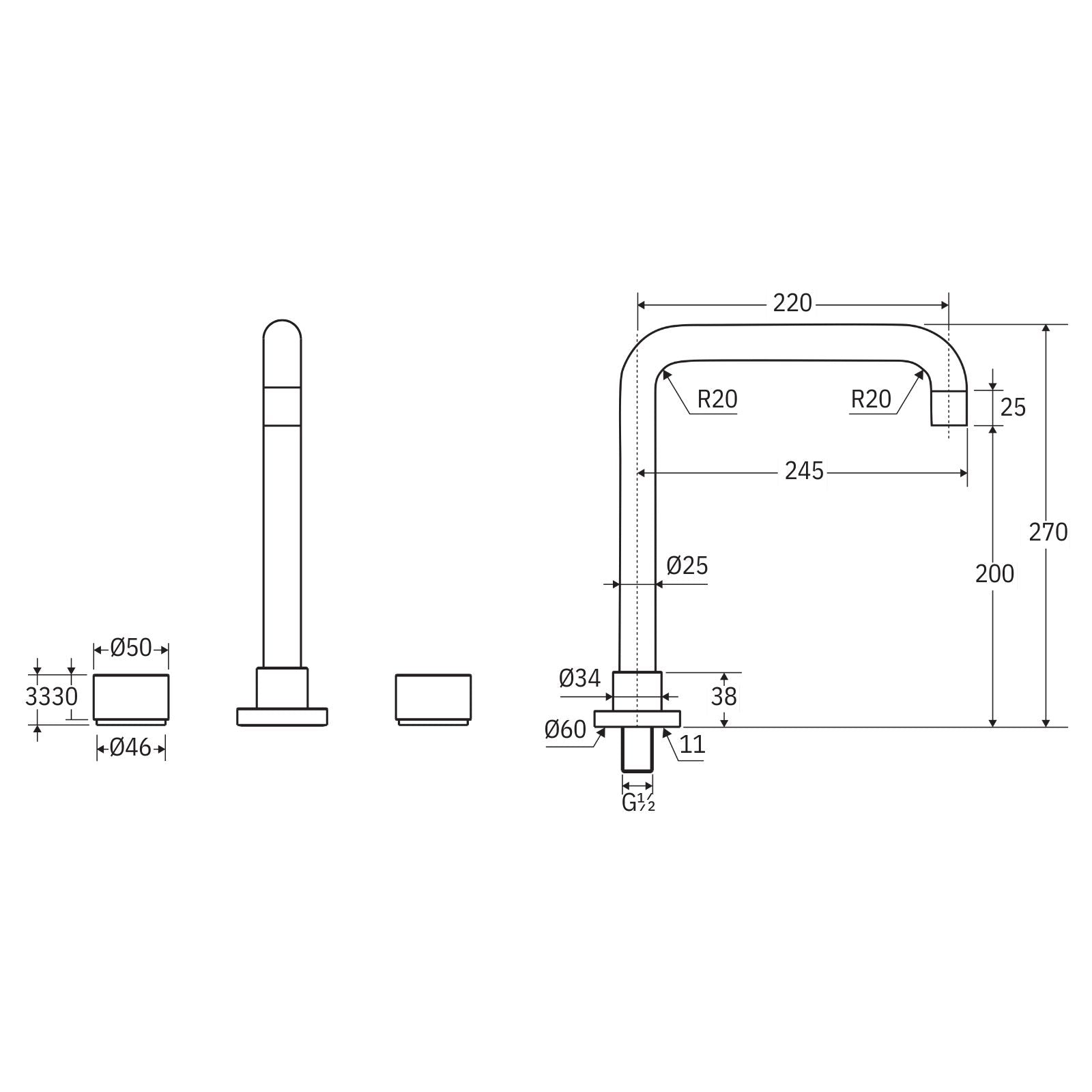Technical Drawing Fienza Kaya Round Taps Squareline Hob Outlet Set Chrome 338106-LF - The Blue Space