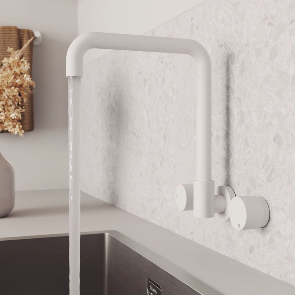Fienza Kaya Round Taps Squareline Wall Outlet Set Matte White