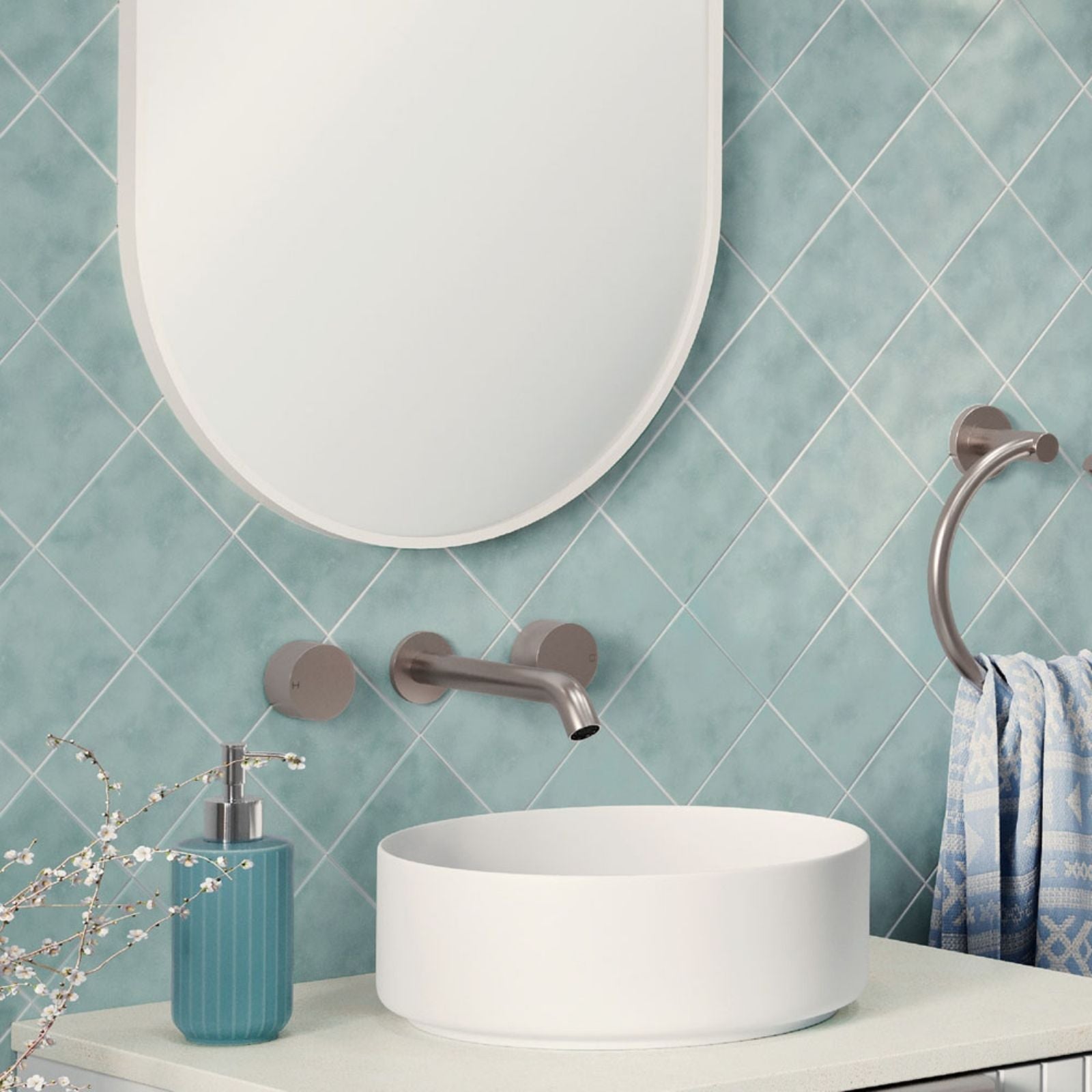 Lifestyle 2 Fienza Kaya Round Taps Wall Basin/Bath 180mm Outlet Set Brushed Nickel 338102BN-LF - The Blue Space