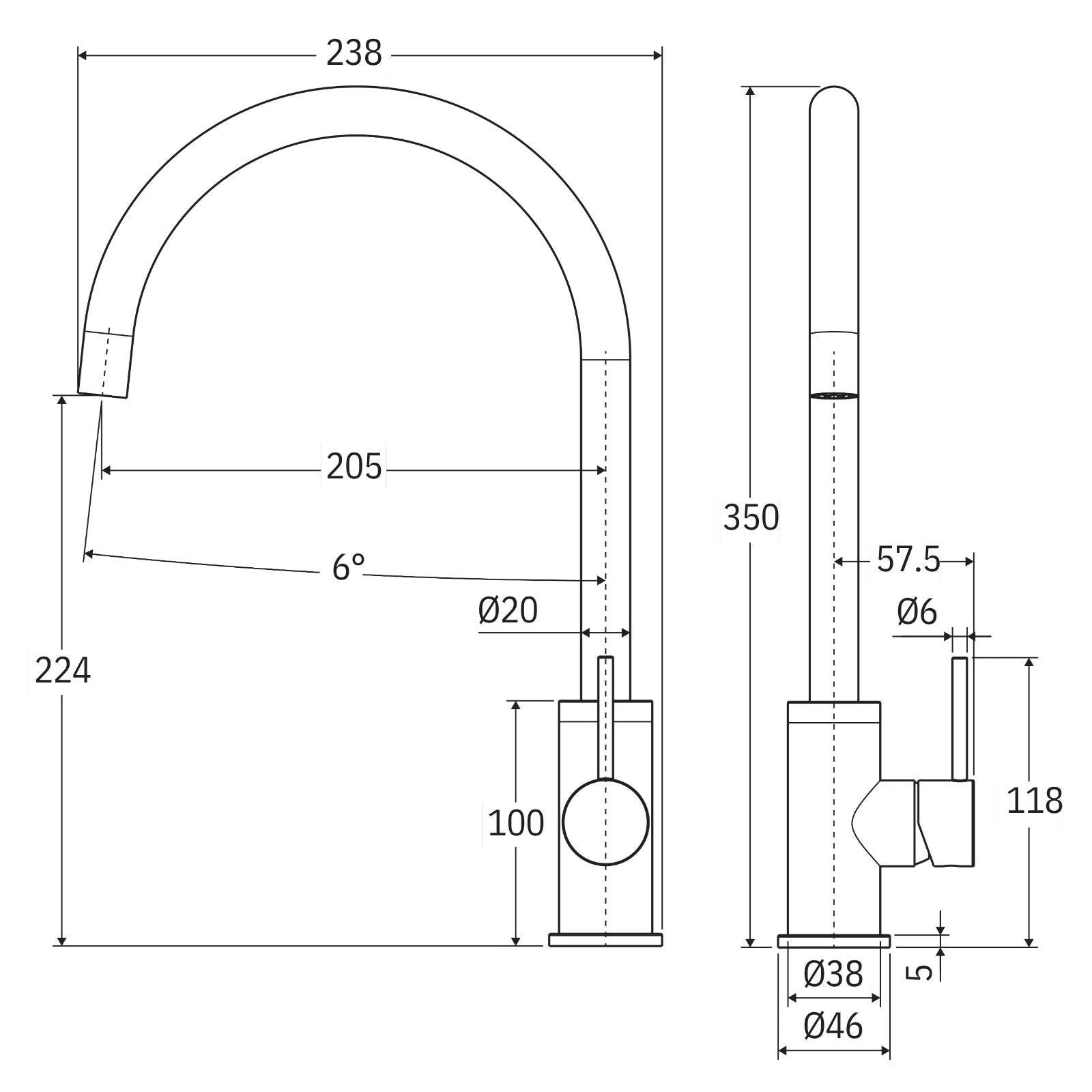 Technical Drawing Fienza Kaya Sink Mixer Urban Brass 228105UB-LF - The Blue Space