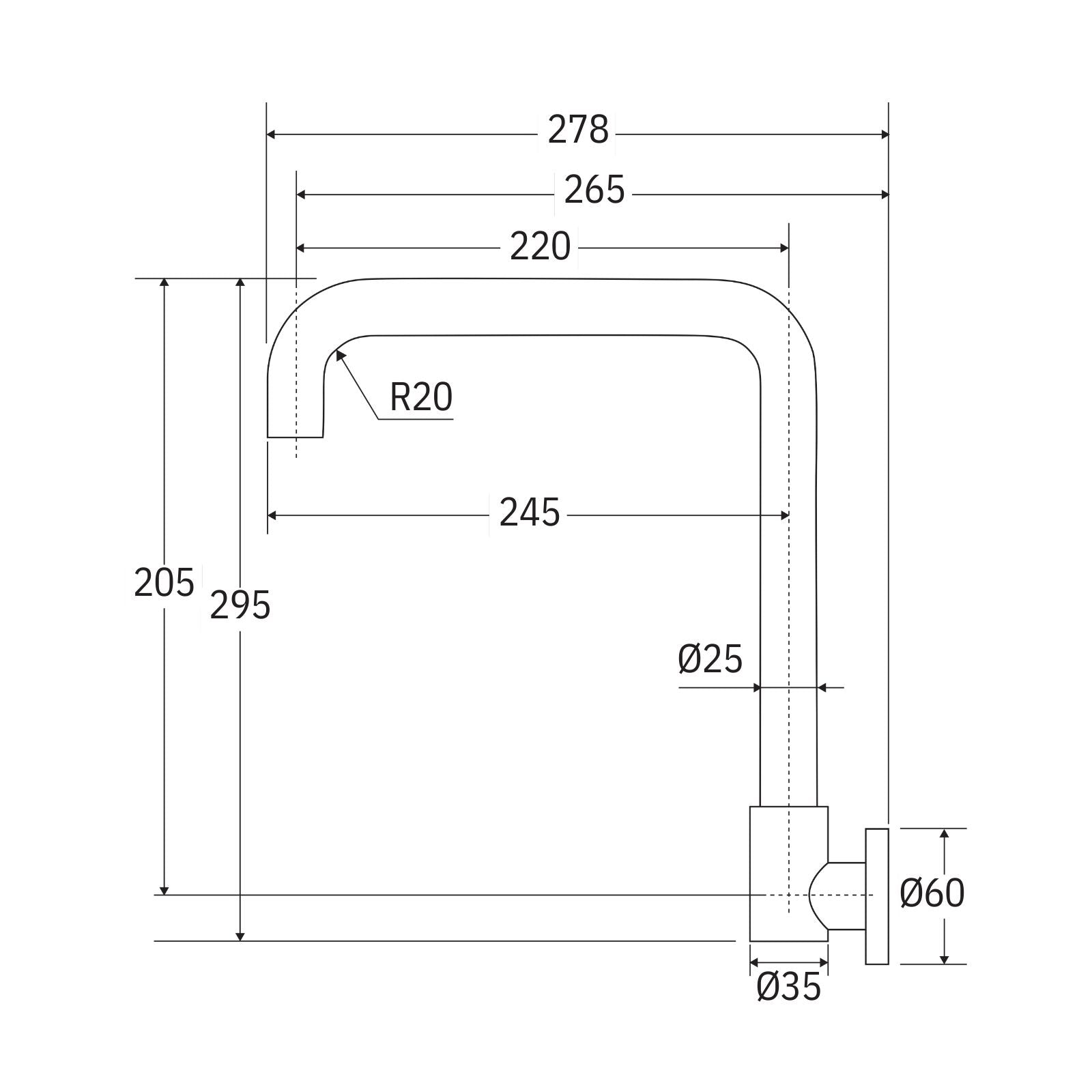 Technical Drawing Fienza Kaya Squareline Wall Swivel Outlet Brushed Copper 228122CO-LF - The Blue Space