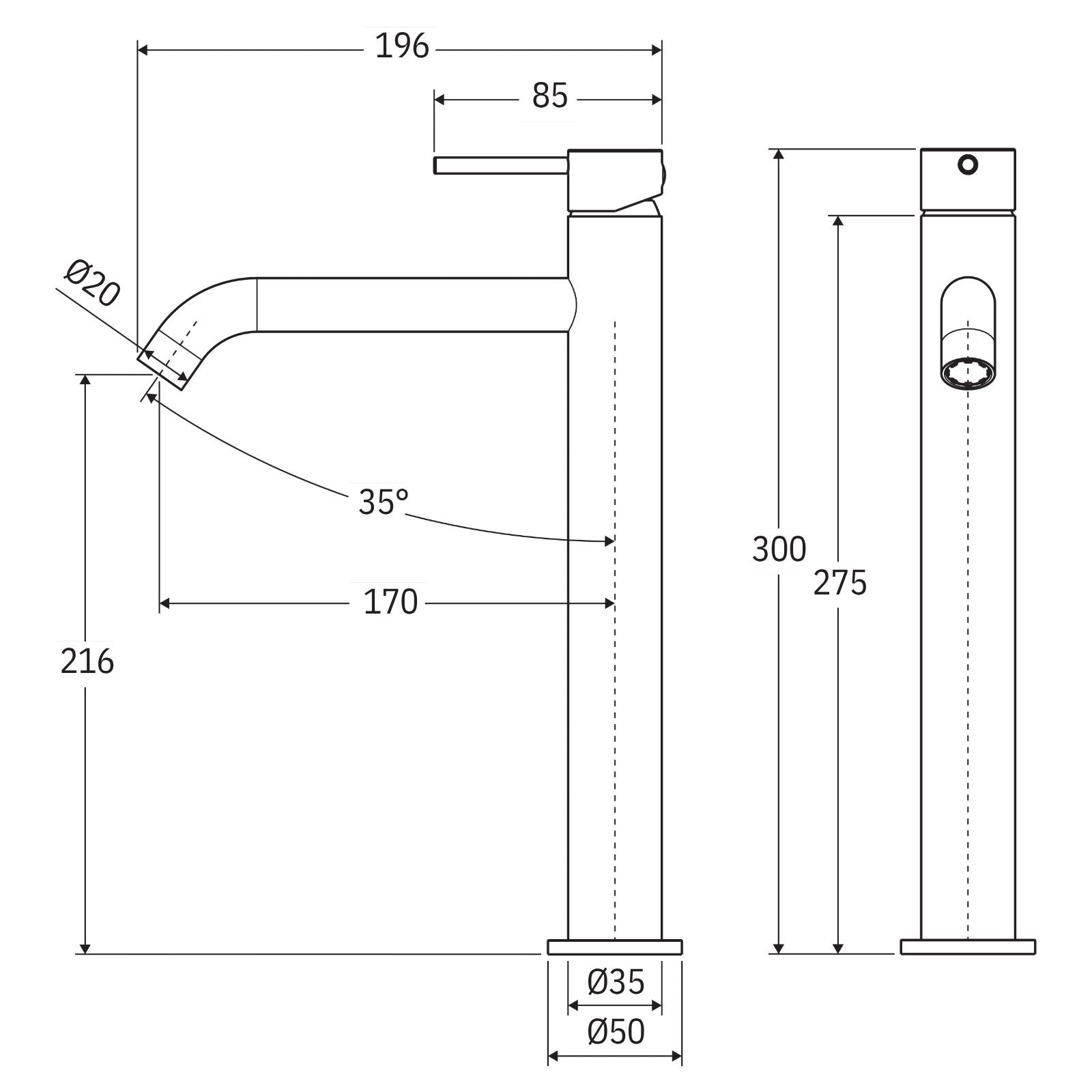 Technical Drawing Fienza Kaya Tall Basin Mixer Brushed Copper 228107CO-LF - The Blue Space