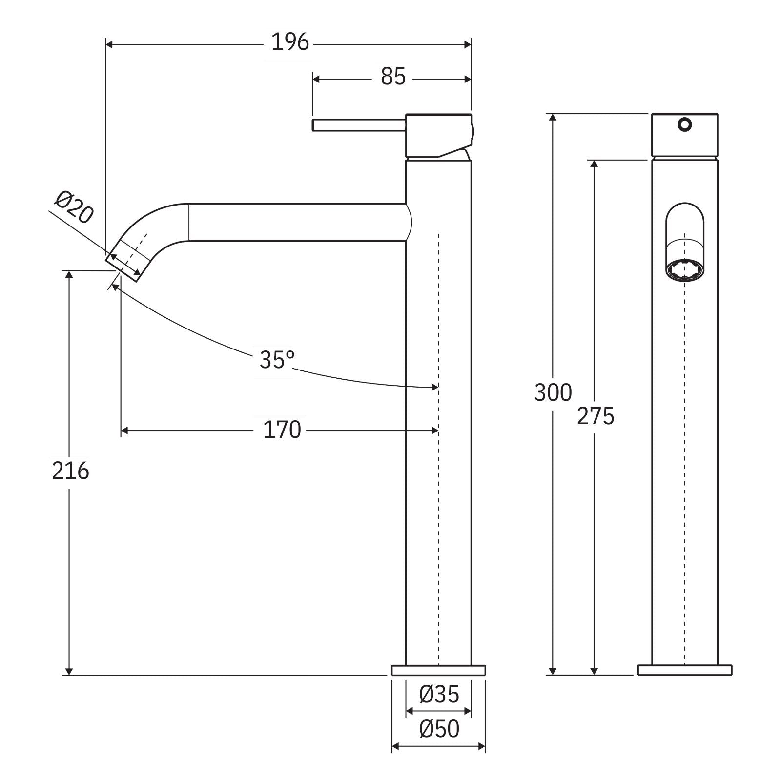 Technical Drawing Fienza Kaya Tall Basin Mixer Chrome 228107-LF - The Blue Space