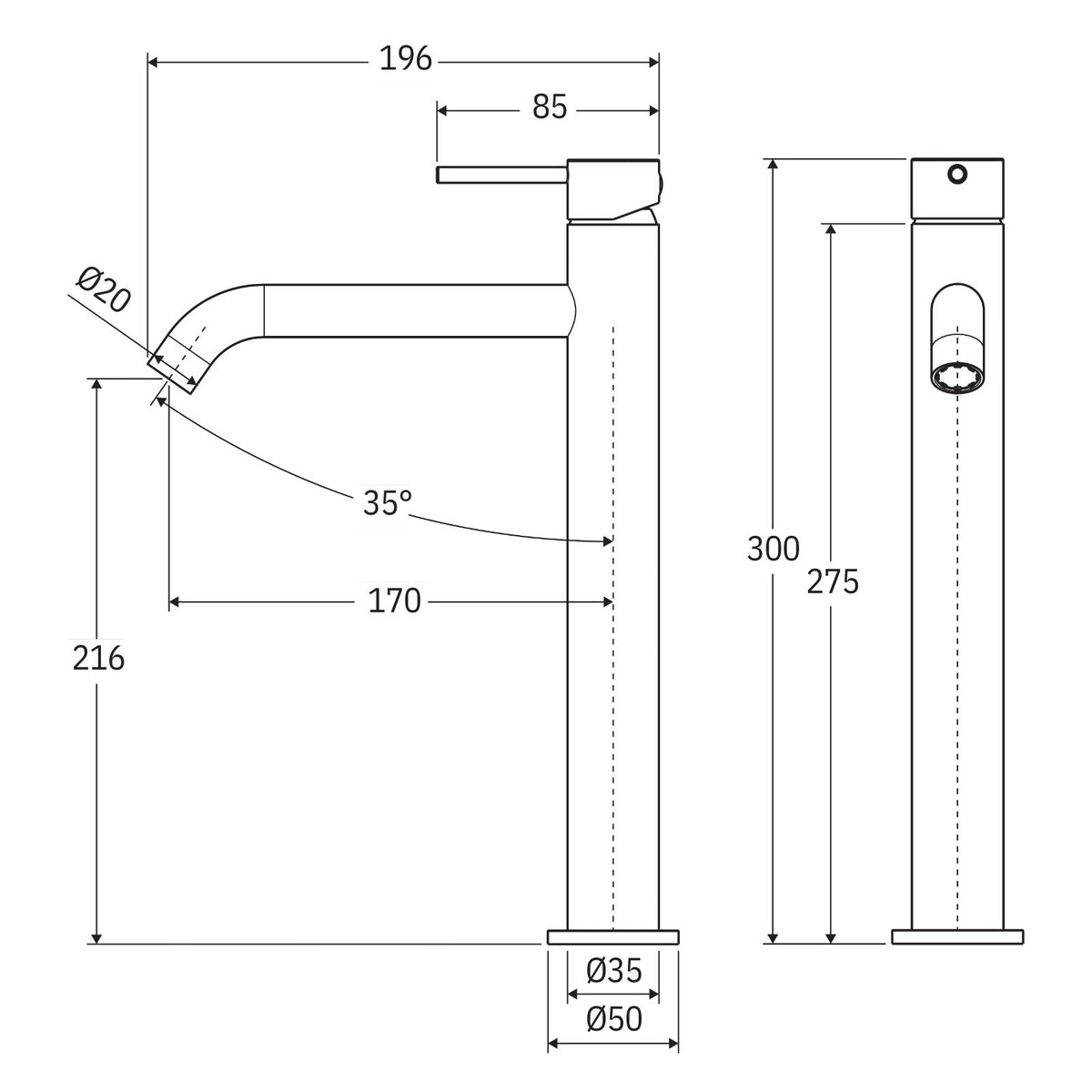 Technical Drawing Fienza Kaya Tall Basin Mixer Chrome 228107-LF - The Blue Space