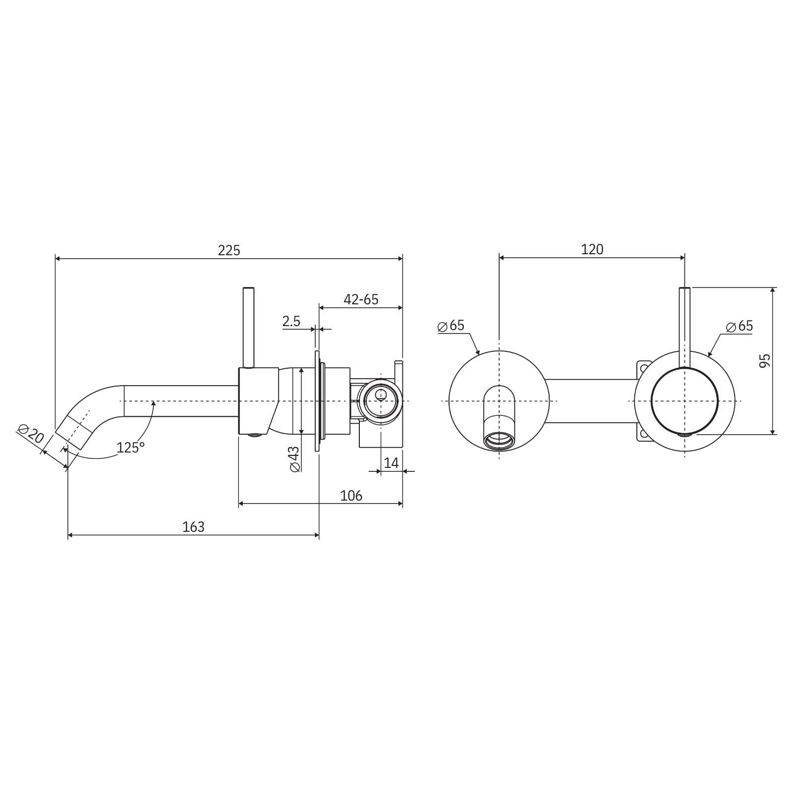 Technical Drawing Fienza Kaya Up Basin/Bath Wall Mixer Set Round Plates 160mm Outlet Brushed Nickel 228118BN-LF - The Blue Space