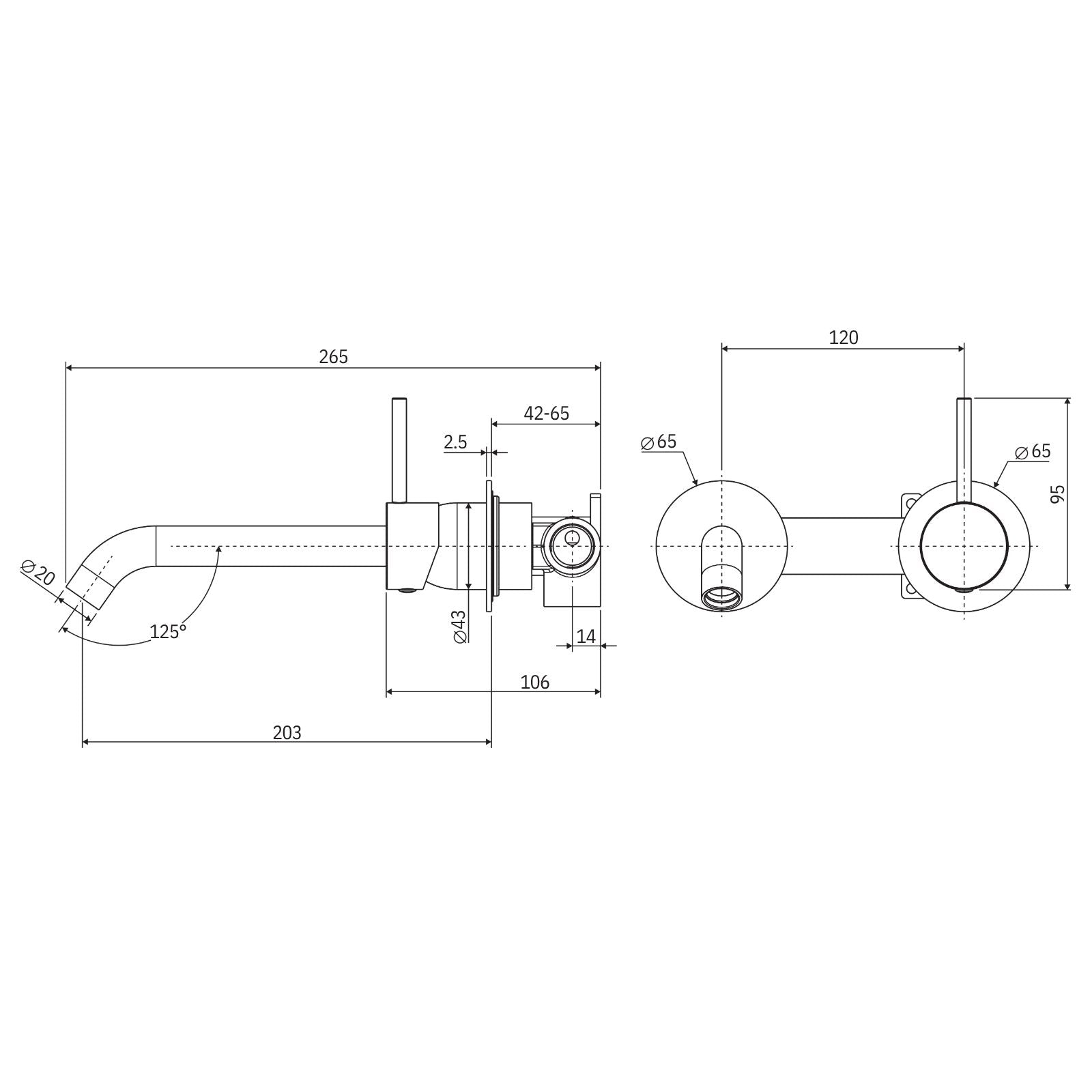 Technical Drawing Fienza Kaya Up Basin/Bath Wall Mixer Set Round Plates 200mm Outlet Gun Metal 228118GM-200-LF - The Blue Space