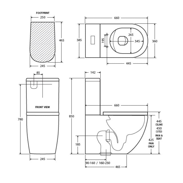 Technical Drawing Fienza Koko Tornado Flush Back-to-Wall Toilet Suite GEBERIT Internal - P-Trap K002GEP - The Blue Space