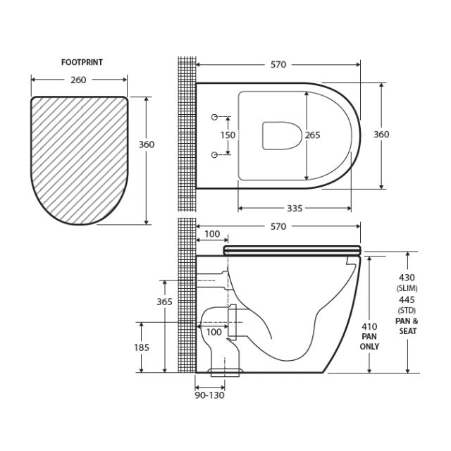 Technical Drawing Fienza Koko Tornado Flush Wall-Faced Toilet Suite With Slim Seat Matte White GEBERIT Sigma In-Wall Internal - P-Trap K002376MW-GE - The Blue Space