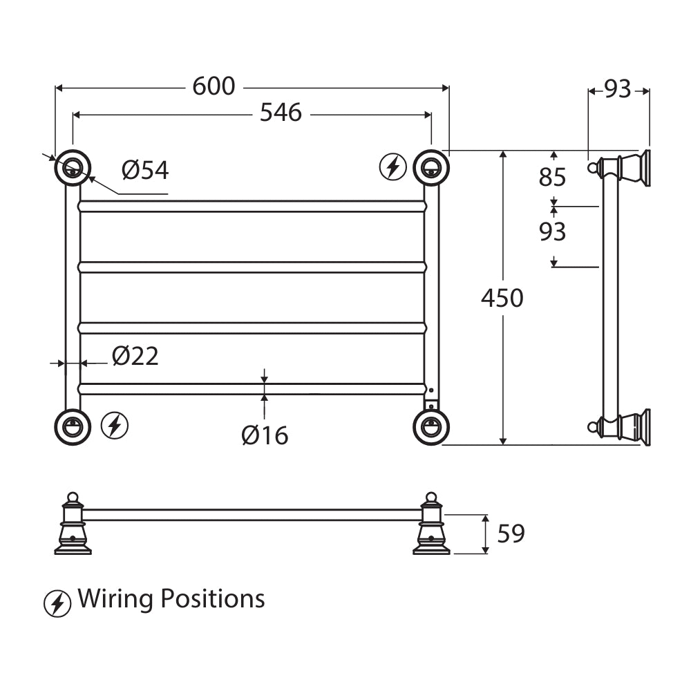 Technical Drawing Fienza Lillian Heated Towel Rail 600 x 450mm Brushed Nickel 8106045BN - The Blue Space