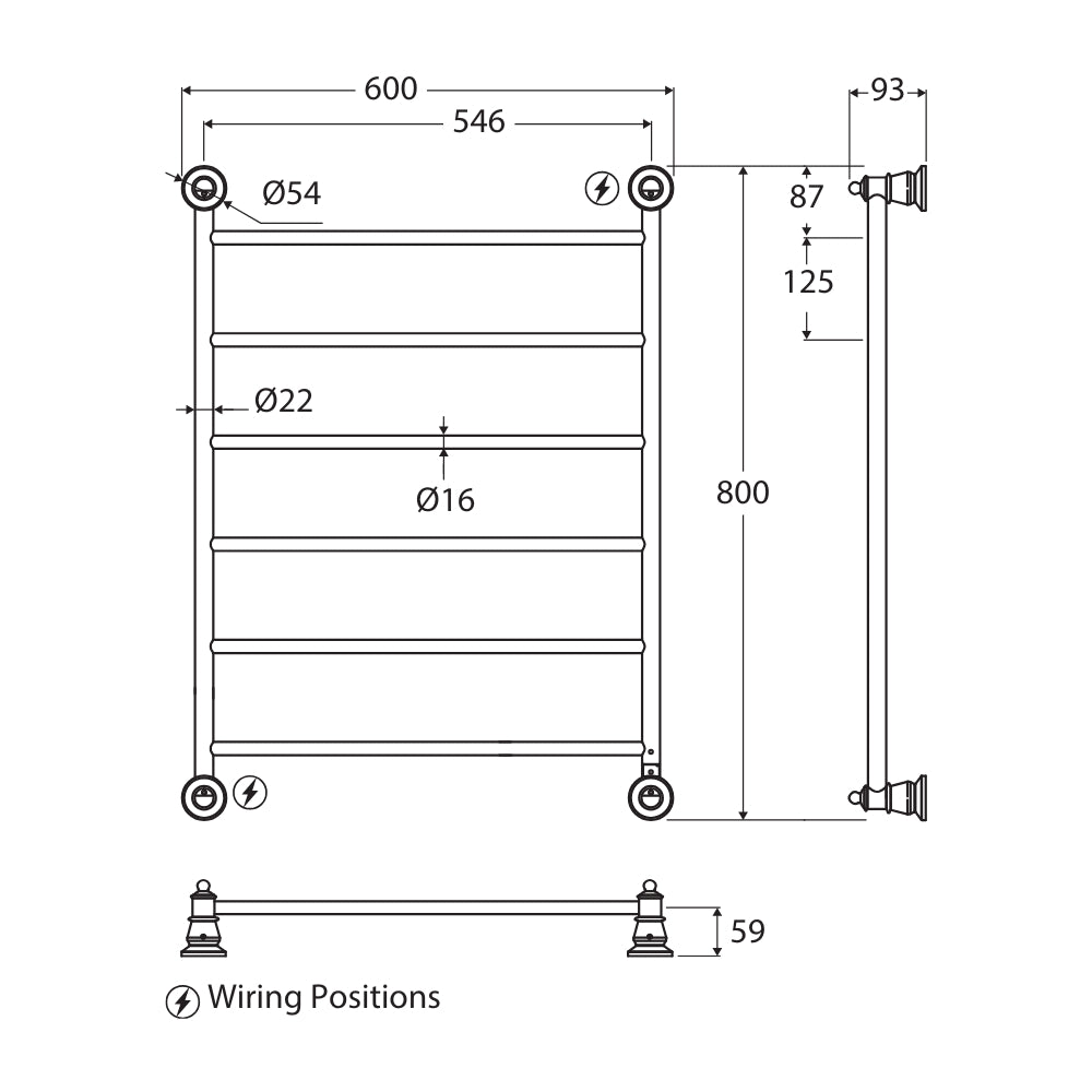 Technical Drawing Fienza Lillian Heated Towel Rail 600 x 800mm Chrome 8106080 - The Blue Space