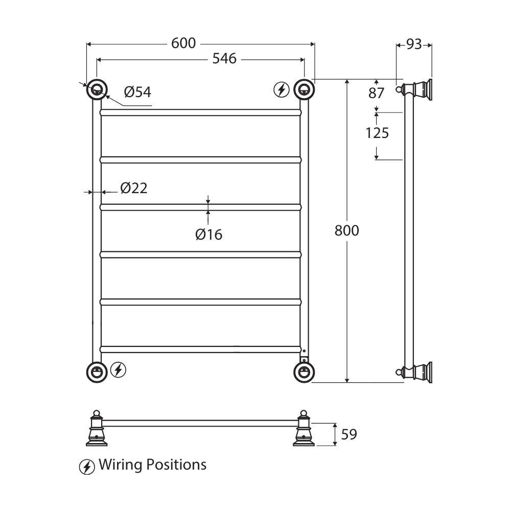 Technical Drawing Fienza Lillian Heated Towel Rail 600 x 800mm Urban Brass 8106080UB - The Blue Space
