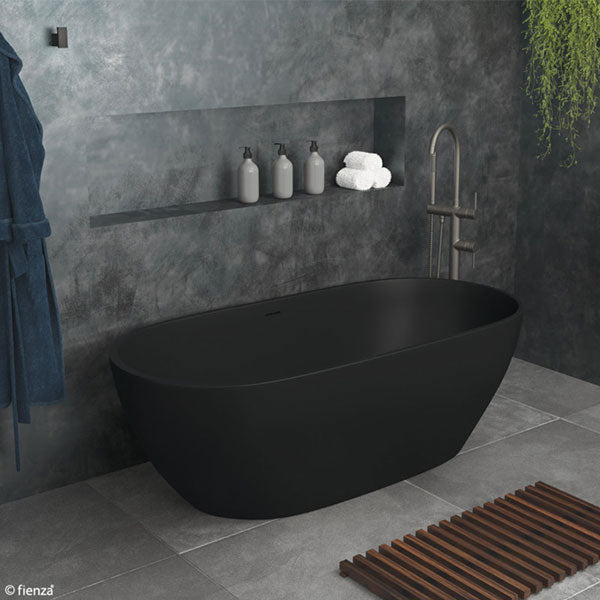 Fienza Luciana Matte Black Stone Freestanding Bath Lifestyle Image - The Blue Space