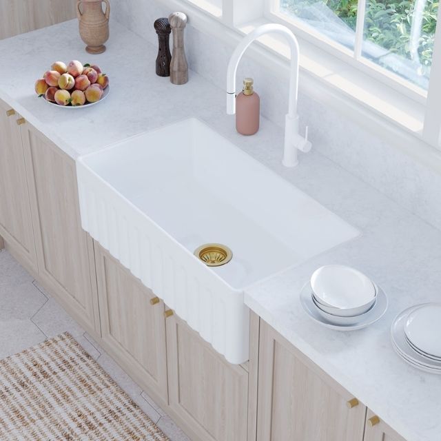Lifestyle 1 Fienza Olivia Butler Sink Large 835 Reversible Fluted & Flat Fire Clay Gloss White 68706 - The Blue Space