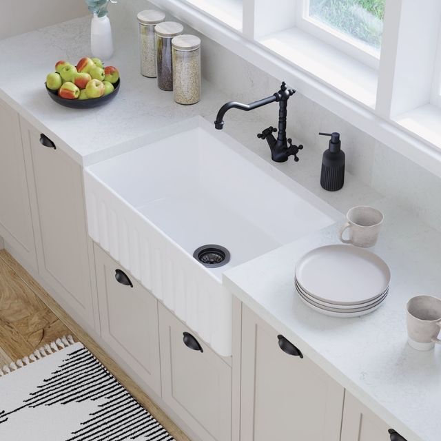 Lifestyle 1 Fienza Olivia Butler Sink Medium 760 Reversible Fluted & Flat Fire Clay Gloss White 68705 - The Blue Space