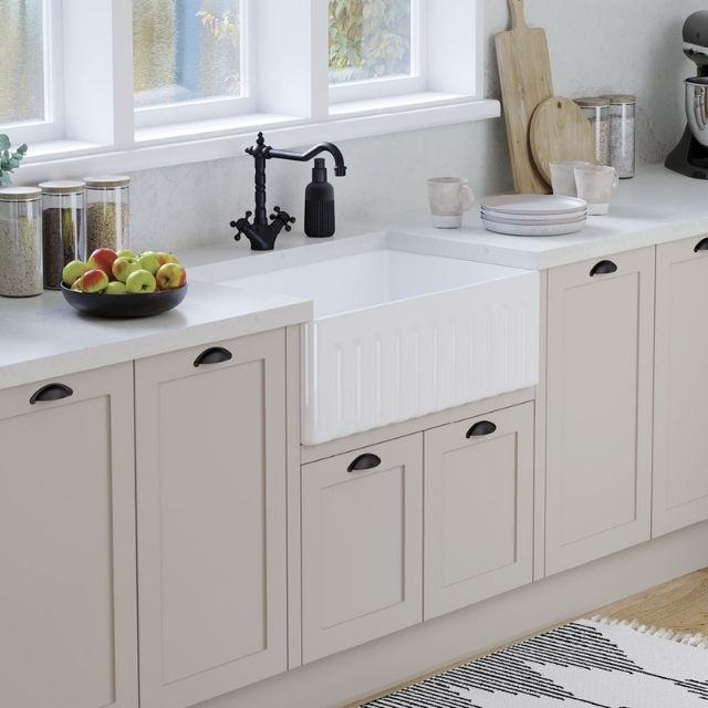 Lifestyle 2 Fienza Olivia Butler Sink Medium 760 Reversible Fluted & Flat Fire Clay Gloss White 68705 - The Blue Space