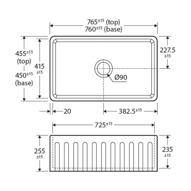 Technical Drawing Fienza Olivia Butler Sink Medium 760 Reversible Fluted & Flat Fire Clay Gloss White 68705 - The Blue Space