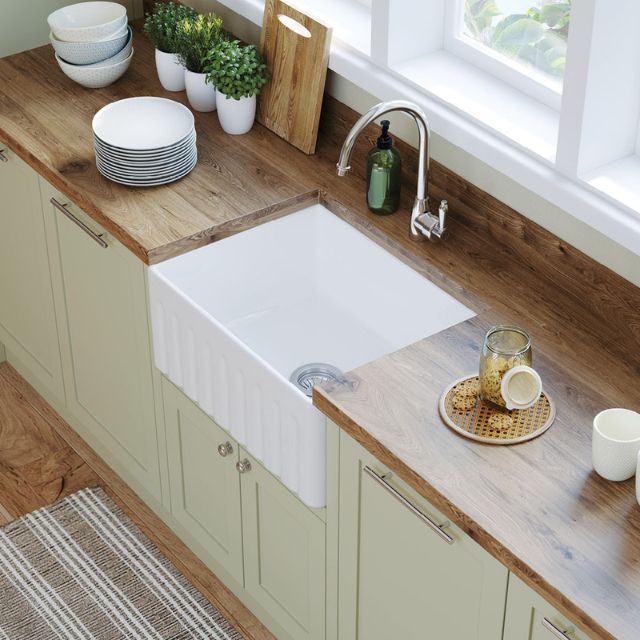 Lifestyle 1 Fienza Olivia Butler Sink Small 610 Reversible Fluted & Flat Fire Clay Gloss White 68704 - The Blue Space