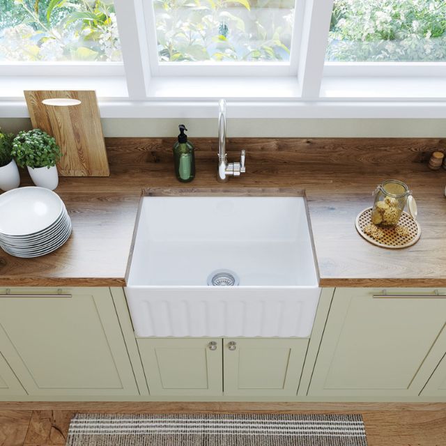 Lifestyle 3 Fienza Olivia Butler Sink Small 610 Reversible Fluted & Flat Fire Clay Gloss White 68704 - The Blue Space