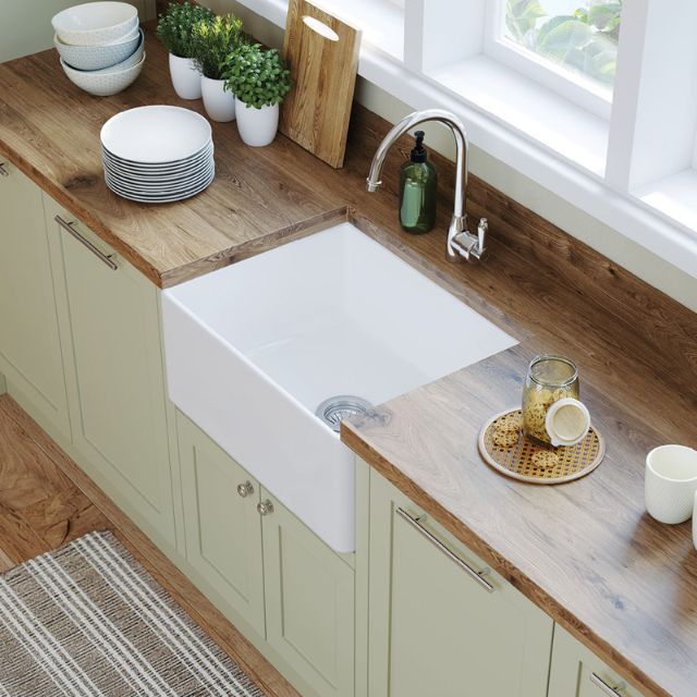 Lifestyle 4 Fienza Olivia Butler Sink Small 610 Reversible Fluted & Flat Fire Clay Gloss White 68704 - The Blue Space