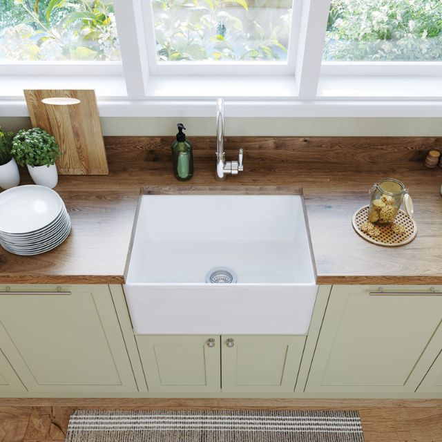Lifestyle 6 Fienza Olivia Butler Sink Small 610 Reversible Fluted & Flat Fire Clay Gloss White 68704 - The Blue Space