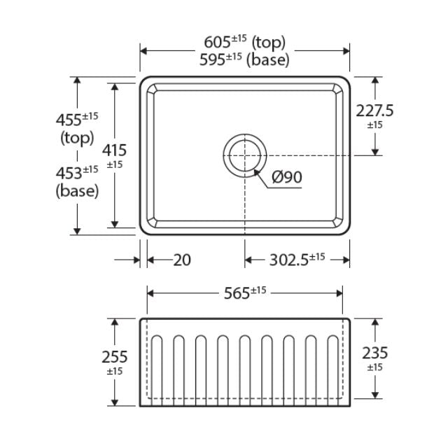 Technical Drawing Fienza Olivia Butler Sink Small 610 Reversible Fluted & Flat Fire Clay Gloss White 68704 - The Blue Space