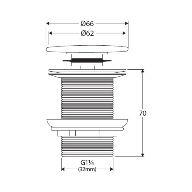 Technical Drawing Fienza Pop Up 32mm Non-Overflow Basin Waste Flat Ceramic Cap Gloss White WAS59FGW - The Blue Space