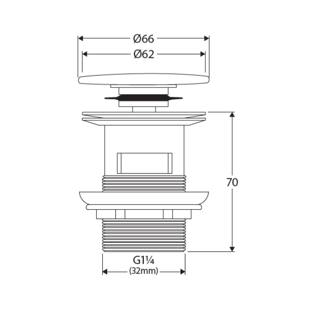 Technical Drawing Fienza Pop Up 32mm Overflow Basin Waste Flat Ceramic Cap Gloss White WAS58FGW - The Blue Space