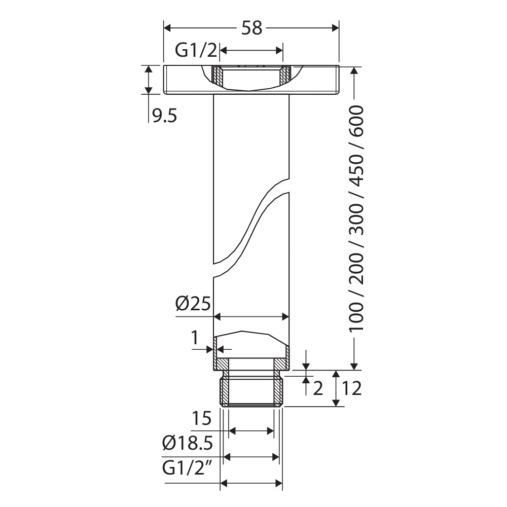 Technical Drawing Fienza Round Shower Dropper 300mm Brushed Nickel 422117B - The Blue Space