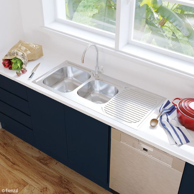 Shop Fienza Tiva 1080 Kitchen Sink 1.75 Bowl With Drainer 19L-12L 1TH 1080X480X180mm 68106L-68106R - The Blue Space