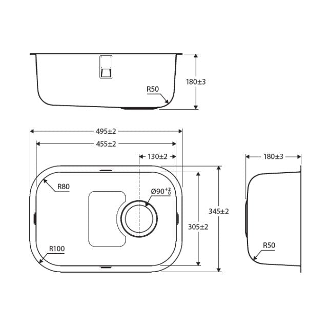 Technical Drawing Fienza Tiva 345 Kitchen Sink Single Bowl 22L NTH 345X495X180mm 68100 - The Blue Space
