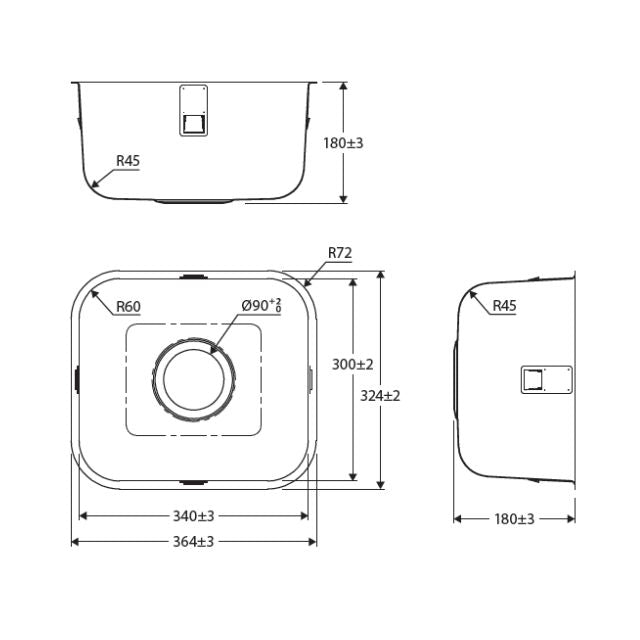 Technical Drawing Fienza Tiva 365 Kitchen Sink Single Bowl 16L NTH 364X324X180mm 68101 - The Blue Space