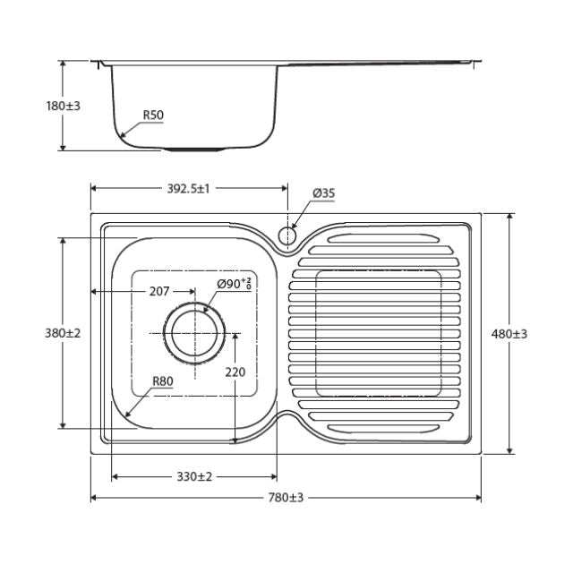 Technical Drawing Fienza Tiva 780 Kitchen Sink Single Bowl With Drainer 19L 1TH 780X480X180mm 68104L-68104R - The Blue Space