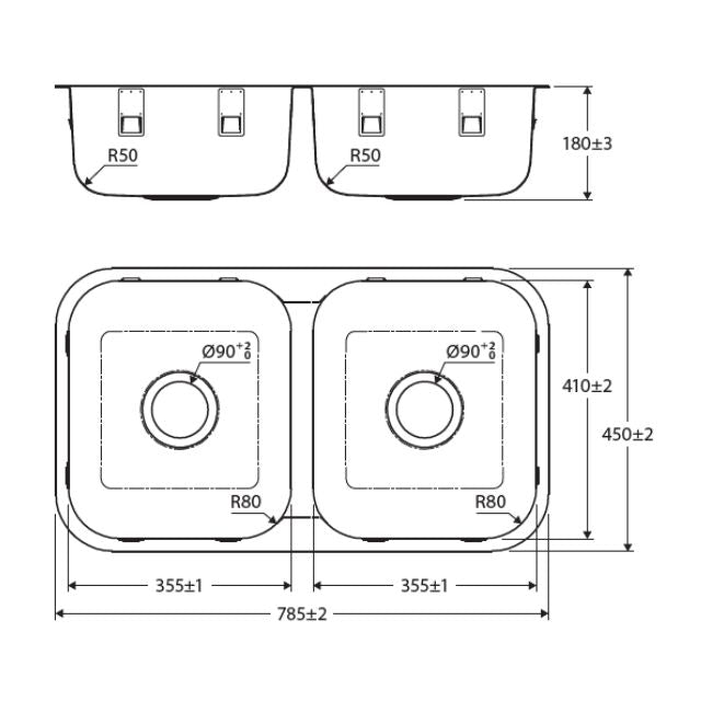 Technical Drawing Fienza Tiva 785 Kitchen Sink Double Bowl Topmount/Undermount 23L-23L NTH 785X450X180mm 68109 - The Blue Space
