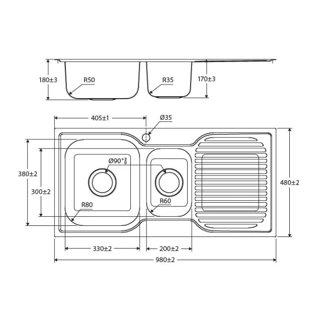 Technical Drawing Fienza Tiva 980 Kitchen Sink 1.5 Bowl With Drainer Topmount 19L-9L 1TH 980X480X180mm 68105L-68105R - The Blue Space