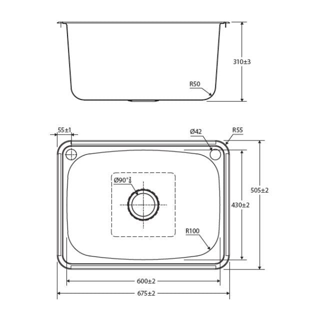 Technical Drawing Fienza Tiva Laundry Sink Topmount 70L 2TH Includes Waste Bypass Kit & TH Cover 675X505X310mm 68204 - The Blue Space