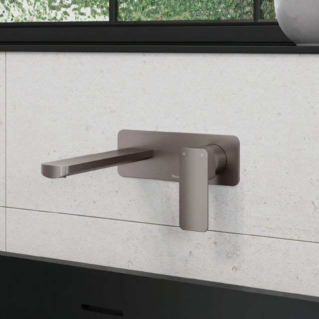 Lifestyle Fienza Tono Basin/Bath Wall Mixer 160mm Outlet Set Large Square Plates Gun Metal 233106GM - The Blue Space