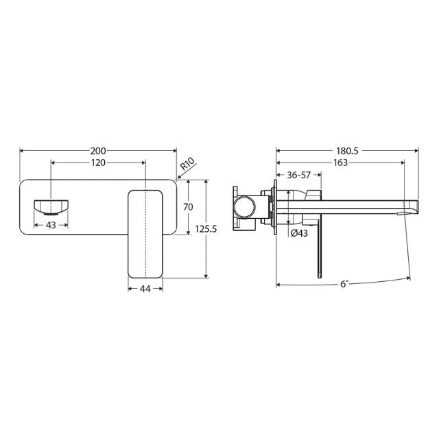 Technical Drawing Fienza Tono Basin/Bath Wall Mixer 160mm Outlet Set Large Square Plates Matte Black 233106B - The Blue Space