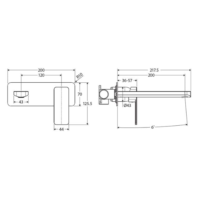 Technical Drawing Fienza Tono Basin/Bath Wall Mixer 200mm Outlet Set Large Square Plates Matte Black 233106B-200 - The Blue Space