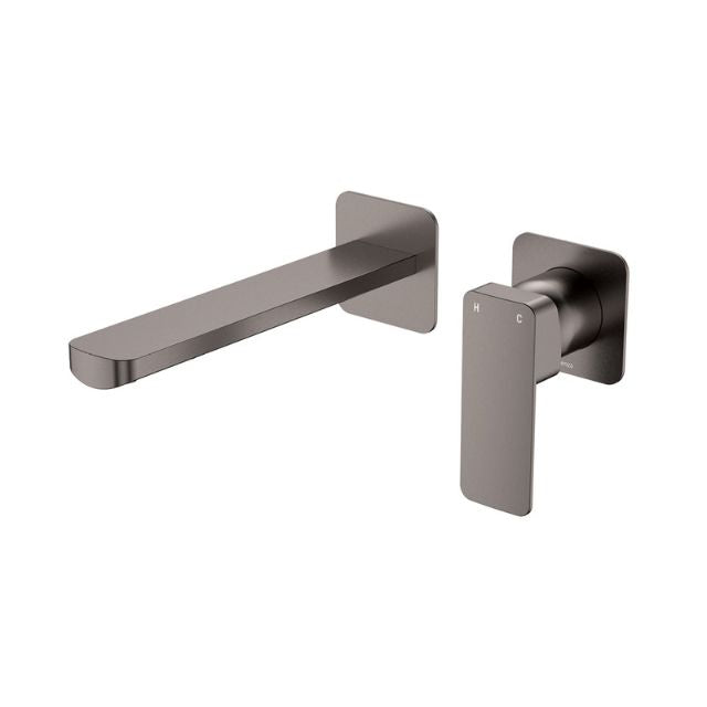Fienza Tono Basin/Bath Wall Mixer 200mm Outlet Set Small Square Plates Gun Metal 233104GM-200 - The Blue Space