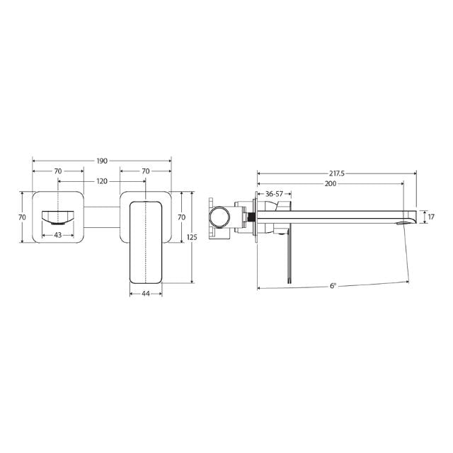 Technical Drawing Fienza Tono Basin/Bath Wall Mixer 200mm Outlet Set Small Square Plates Urban Brass 233104UB-200 - The Blue Space